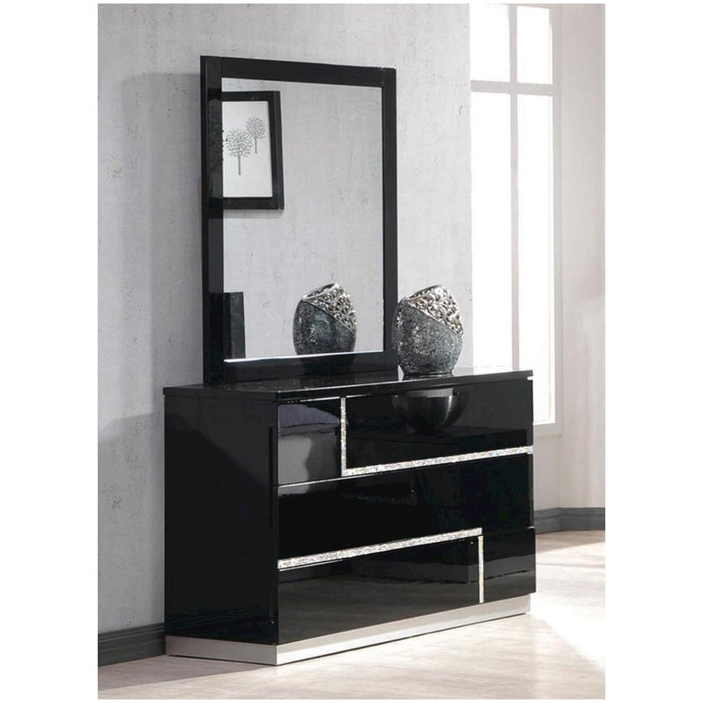 Best Master Barcelona Poplar Wood Dresser and Mirror Set in Black High Gloss