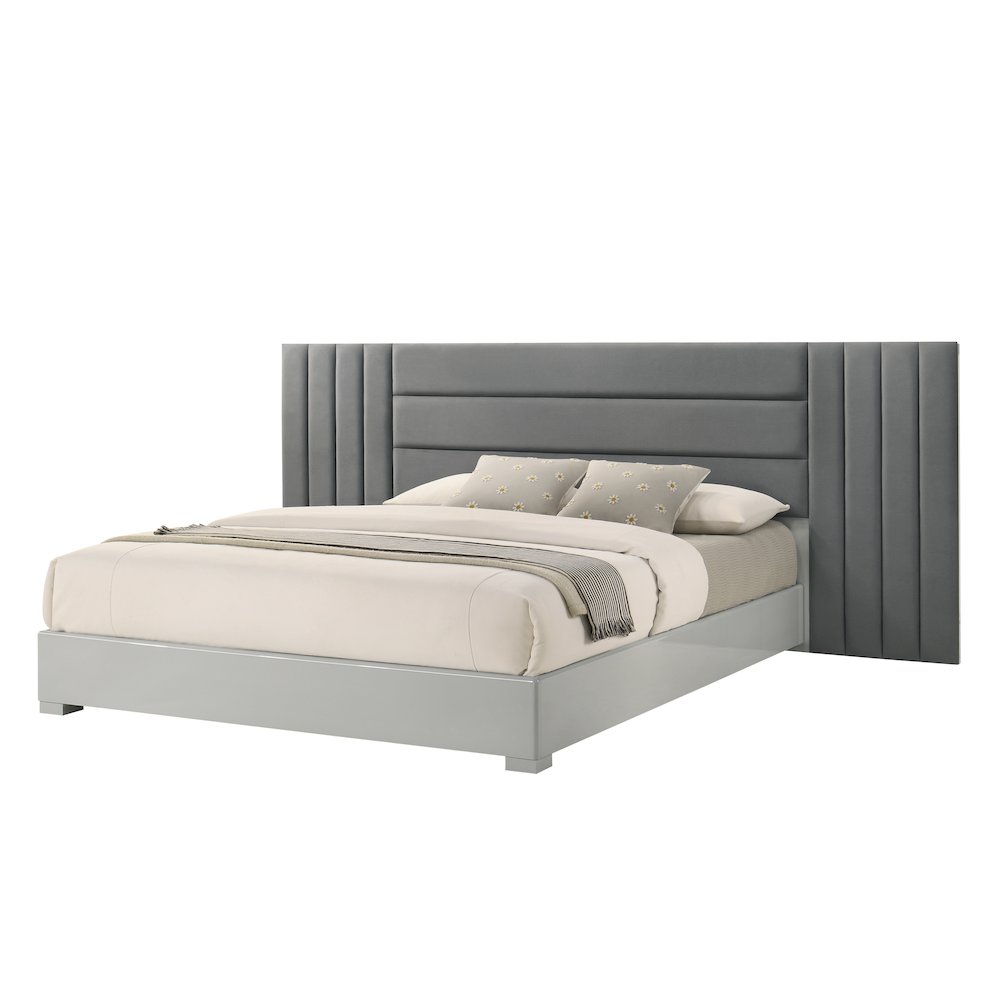 83" Queen Bed Frame, Fabric Channel Tufted Headboard, Lacquered Wood Gloss Rails