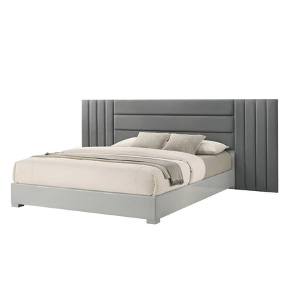 83" Queen Bed Frame, Fabric Channel Tufted Headboard, Lacquered Wood Gloss Rails