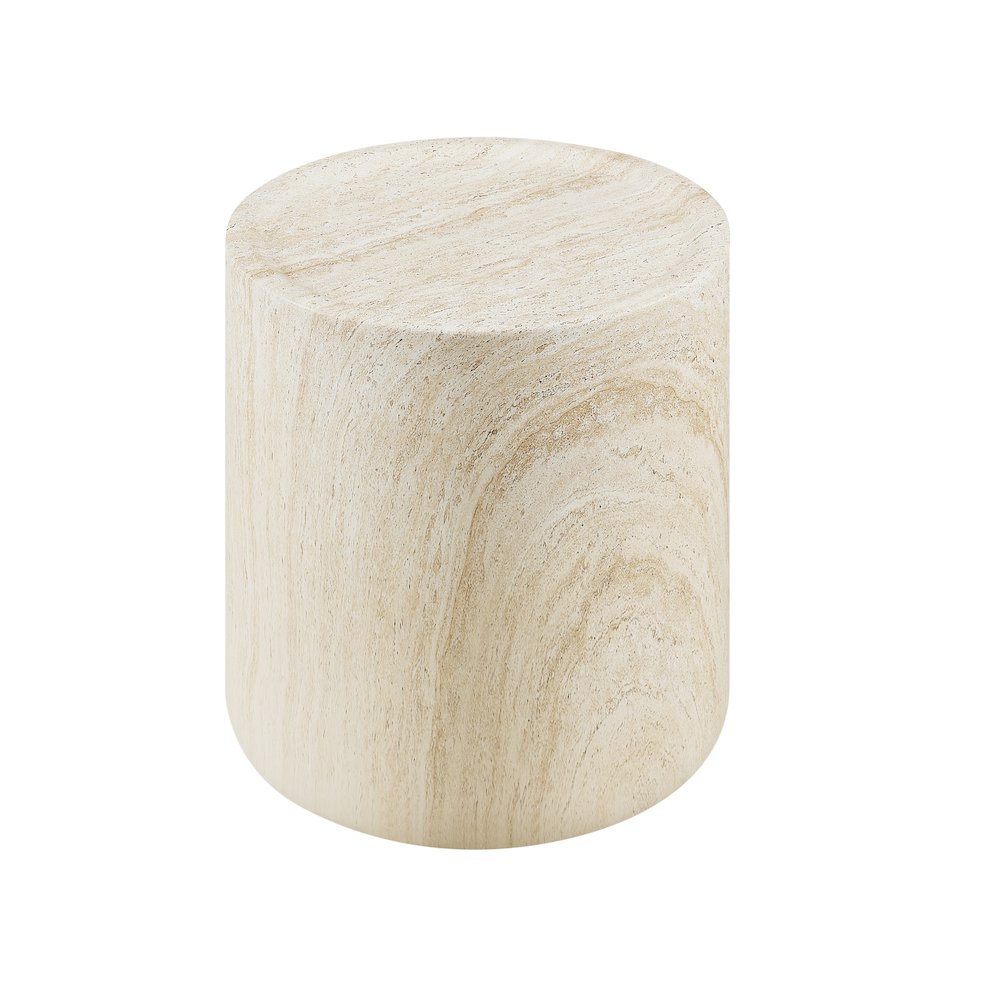 18" Round End Table Concrete Travertine Finish, Modern Organic Drum Side Table