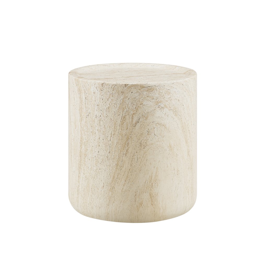 18" Round End Table Concrete Travertine Finish, Modern Organic Drum Side Table