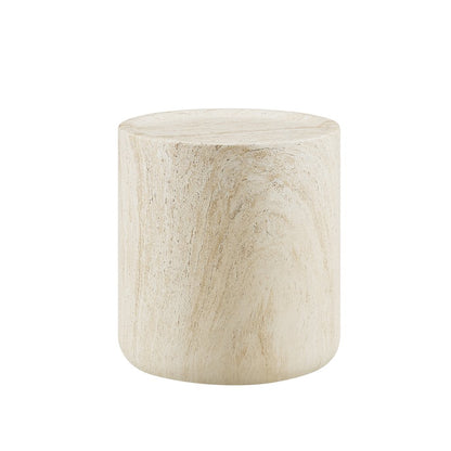 18" Round End Table Concrete Travertine Finish, Modern Organic Drum Side Table