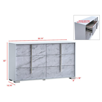 6-Drawer Double Dresser, White Lacquered Gloss, White Faux Marble Finish