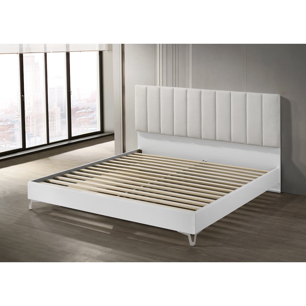 5PC Cal King Set, White Storage, Beige Headboard, Dresser, Mirror, 2 Nightstands