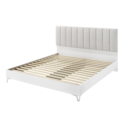 5PC Cal King Set, White Storage, Beige Headboard, Dresser, Mirror, 2 Nightstands