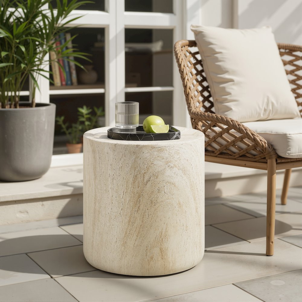 18" Round End Table Concrete Travertine Finish, Modern Organic Drum Side Table