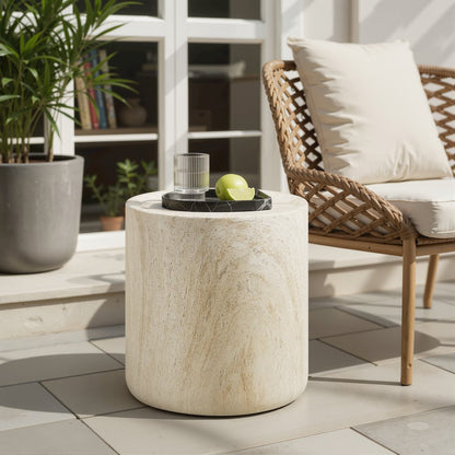 18" Round End Table Concrete Travertine Finish, Modern Organic Drum Side Table