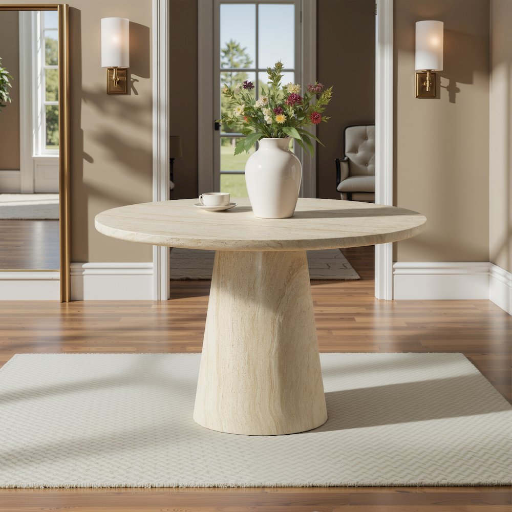 48" Round Dining Table Concrete Travertine Finish, Modern Organic Drum Base