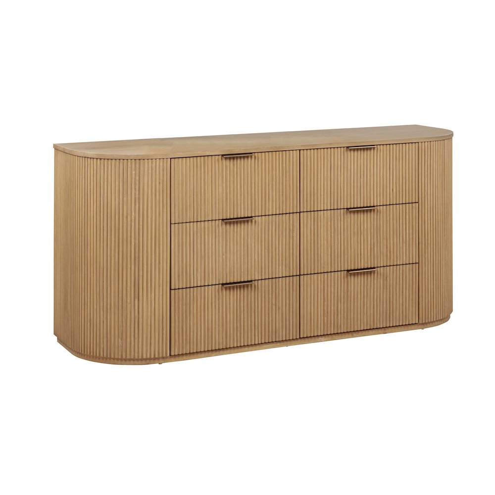 70" Wide Modern Fluted 6-Drawer Dresser Mid Century, Light Oak
