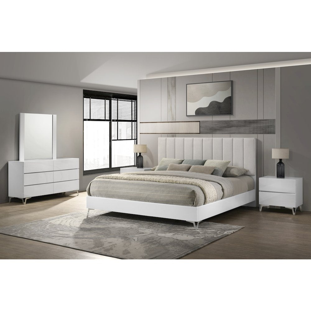 5PC Cal King Set, White Storage, Beige Headboard, Dresser, Mirror, 2 Nightstands