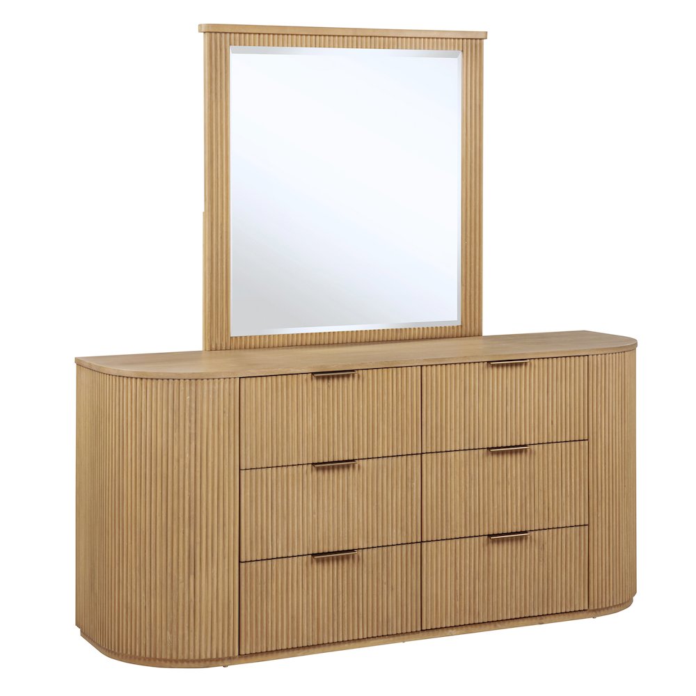 70" Wide Modern Fluted 6-Drawer Dresser Mid Century, Light Oak