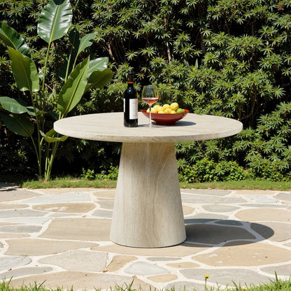 48" Round Dining Table Concrete Travertine Finish, Modern Organic Drum Base