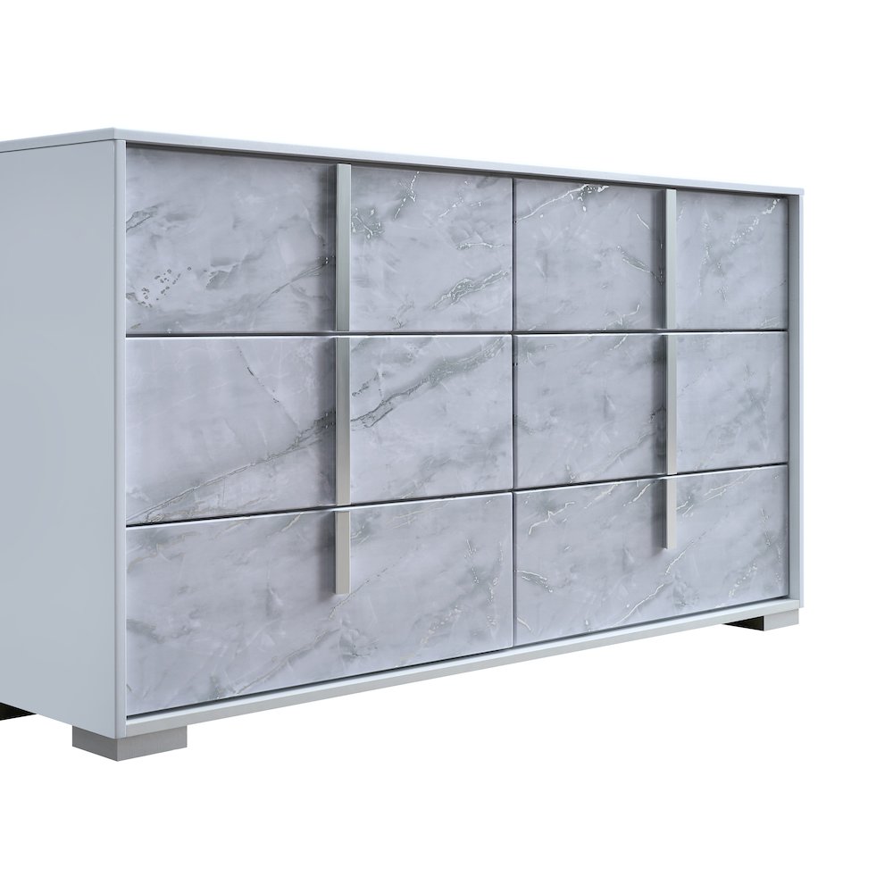 6-Drawer Double Dresser, White Lacquered Gloss, White Faux Marble Finish
