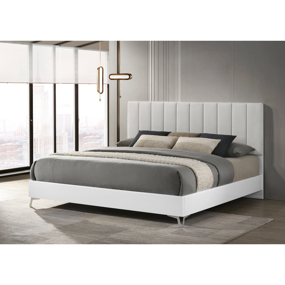 5PC Cal King Set, White Storage, Beige Headboard, Dresser, Mirror, 2 Nightstands