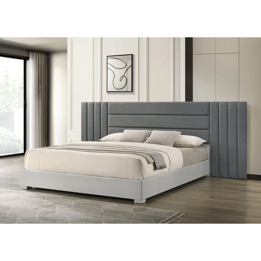 83" Queen Bed Frame, Fabric Channel Tufted Headboard, Lacquered Wood Gloss Rails