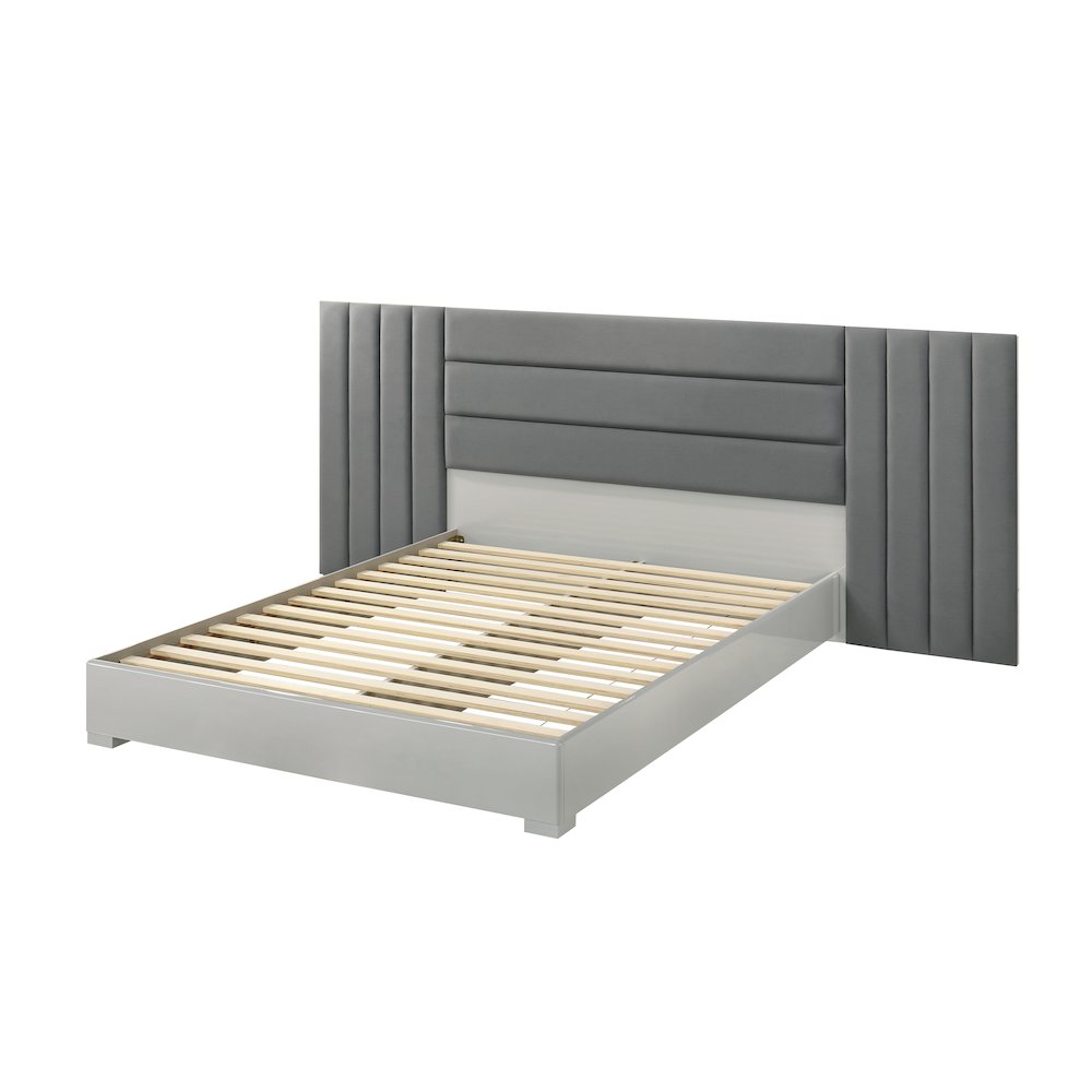 83" Queen Bed Frame, Fabric Channel Tufted Headboard, Lacquered Wood Gloss Rails
