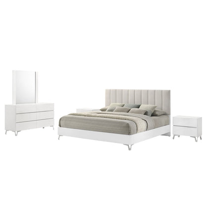 5PC Cal King Set, White Storage, Beige Headboard, Dresser, Mirror, 2 Nightstands