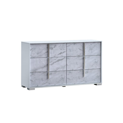 6-Drawer Double Dresser, White Lacquered Gloss, White Faux Marble Finish