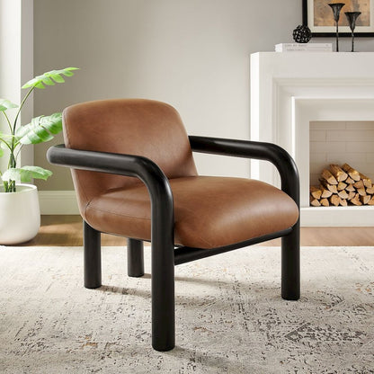 Modern Accent Chair with Treviso Dark Faux Leather Cushion, Set of 1, Black
