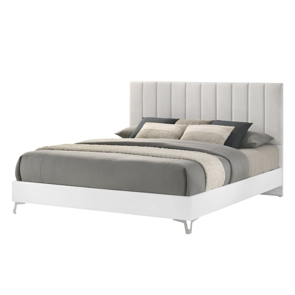 5PC Cal King Set, White Storage, Beige Headboard, Dresser, Mirror, 2 Nightstands