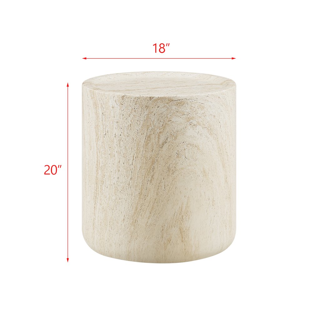 18" Round End Table Concrete Travertine Finish, Modern Organic Drum Side Table
