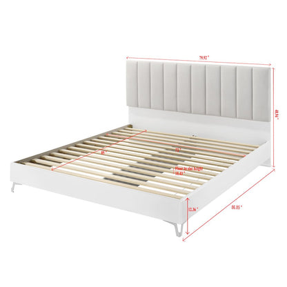 5PC Cal King Set, White Storage, Beige Headboard, Dresser, Mirror, 2 Nightstands