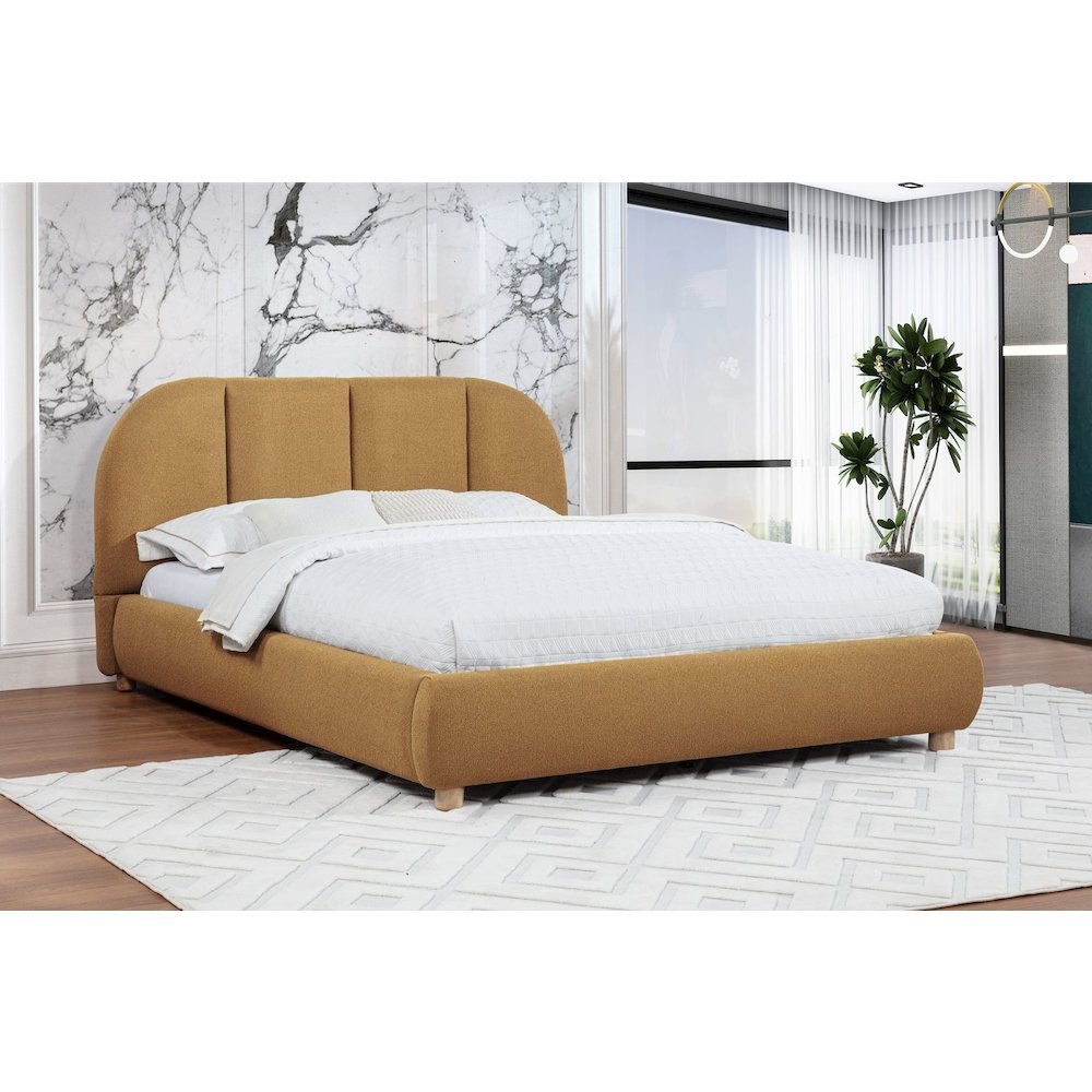 Ctasia Upholstered Burlap Fabric Low Profile Bed Frame, Queen, Golden Brown