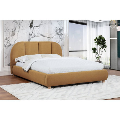 Ctasia Upholstered Burlap Fabric Low Profile Bed Frame, Queen, Golden Brown