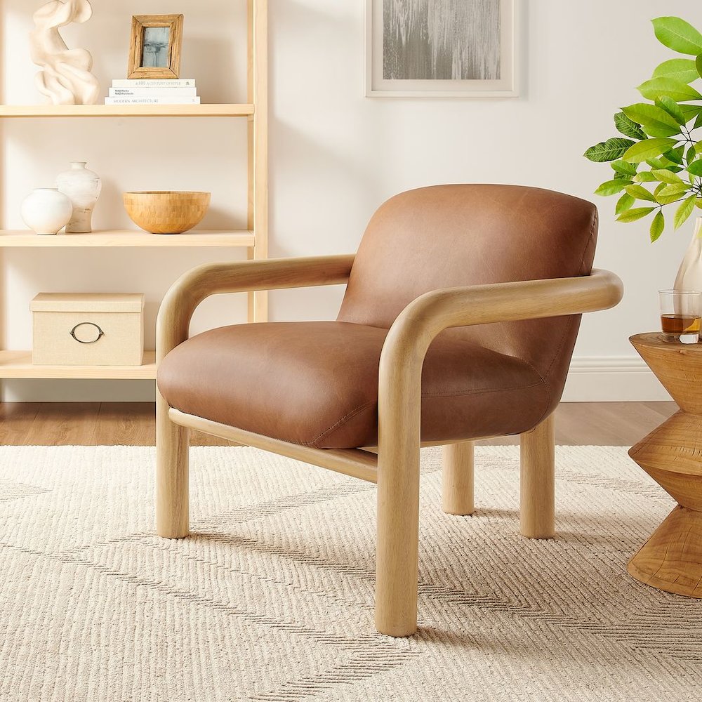 Modern Accent Chair with Treviso Dark Faux Leather Cushion, Set of 1, Natural