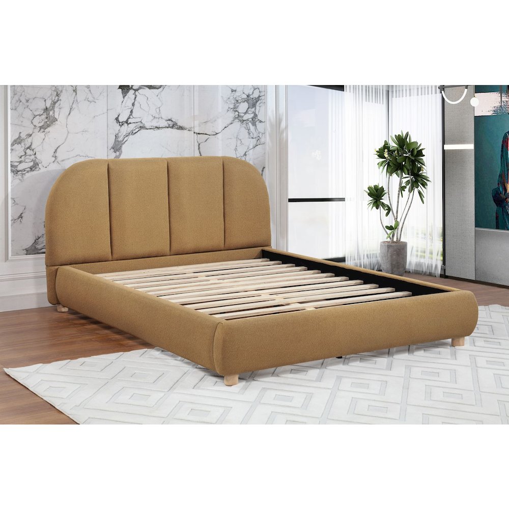 Ctasia Upholstered Burlap Fabric Low Profile Bed Frame, Queen, Golden Brown