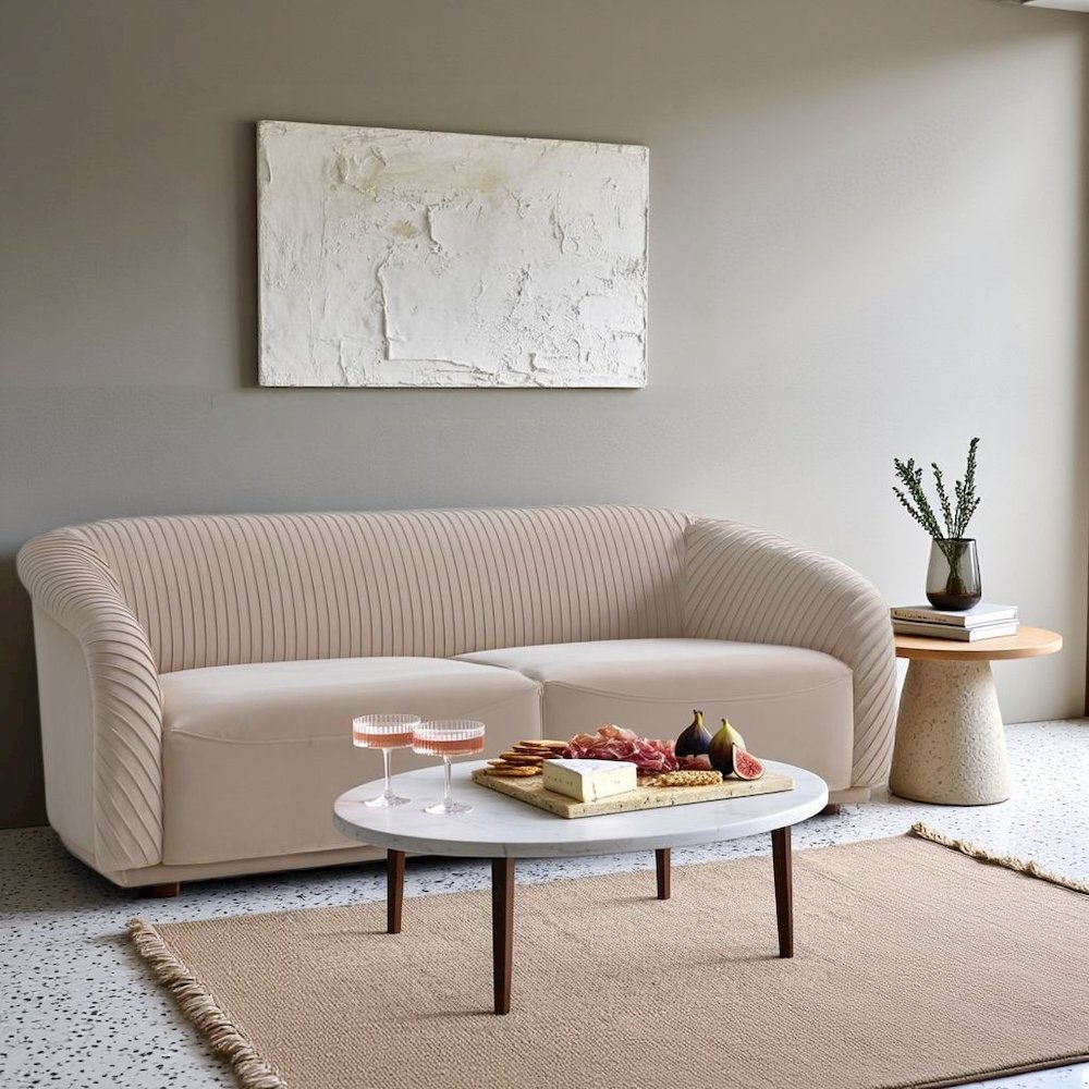 Beige Velvet 3 Seater Couch With Rolled Arms And Pleated Backrest Detail