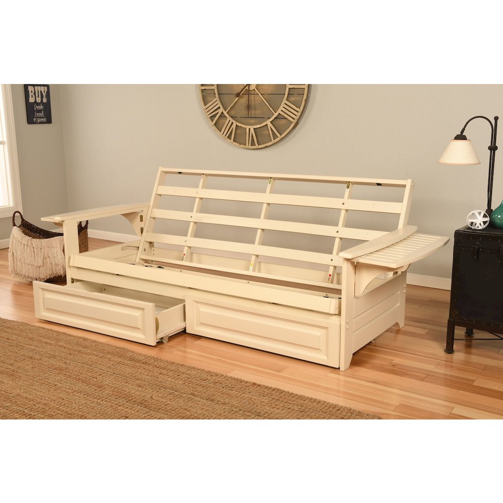 Phoenix Frame-Antique White Finish-Linen Aqua Mattress-Storage Drawers