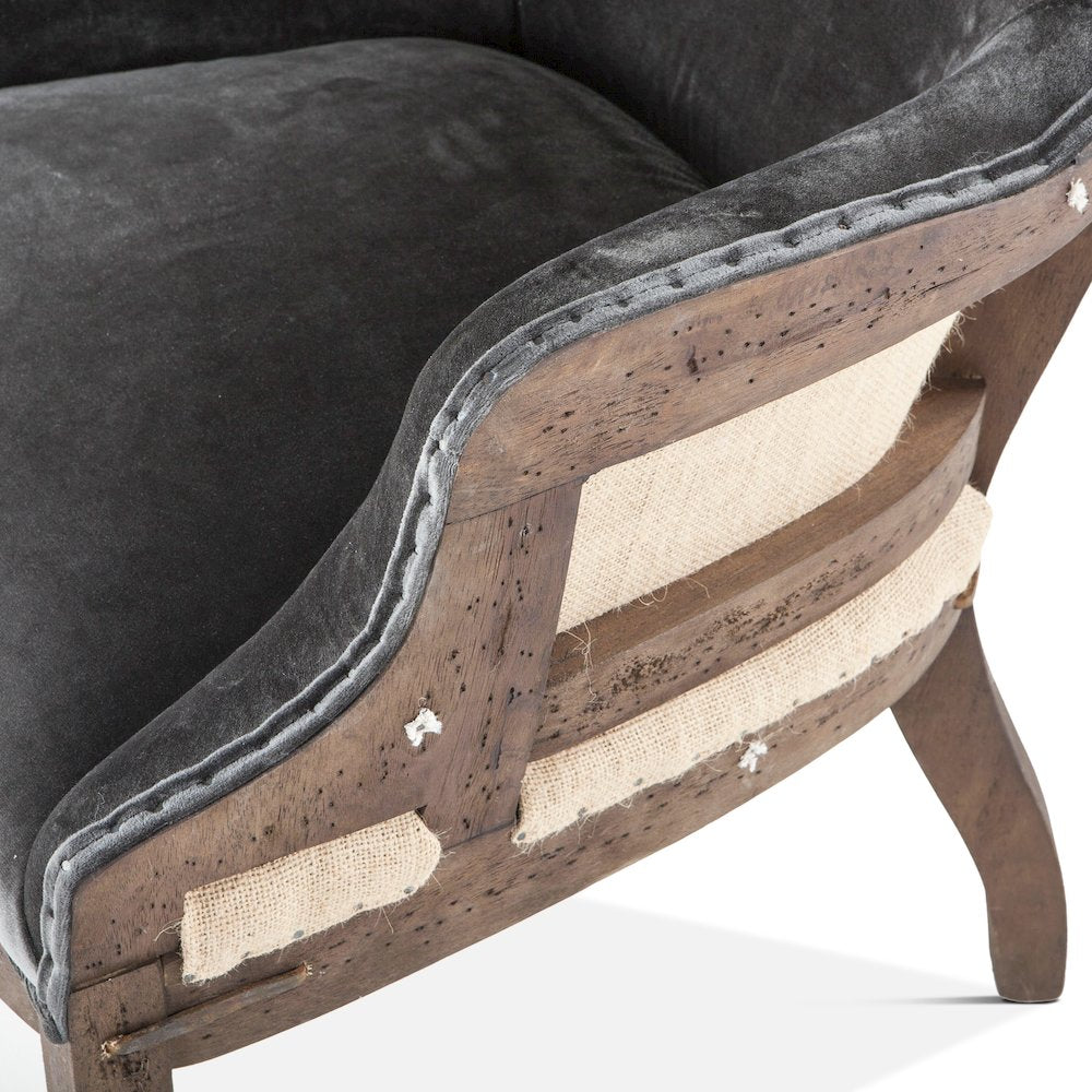 Charles Armchair in Gray Velvet with Exposed Frame
