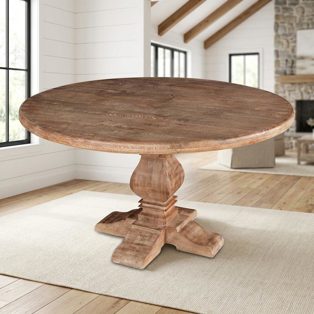49 Inch Round Dining Table with Solid Wood Top, Dining Room Table, Antique Oak
