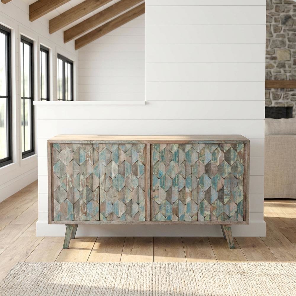 Hexagonal Wood Sideboard with 2 Shelves, Vintage Teal TV Stand for Living Room