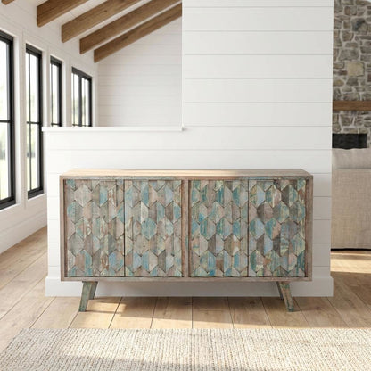 Hexagonal Wood Sideboard with 2 Shelves, Vintage Teal TV Stand for Living Room