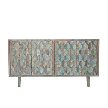 Hexagonal Wood Sideboard with 2 Shelves, Vintage Teal TV Stand for Living Room