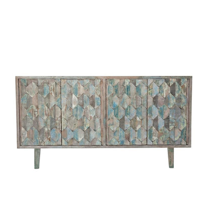 Hexagonal Wood Sideboard with 2 Shelves, Vintage Teal TV Stand for Living Room