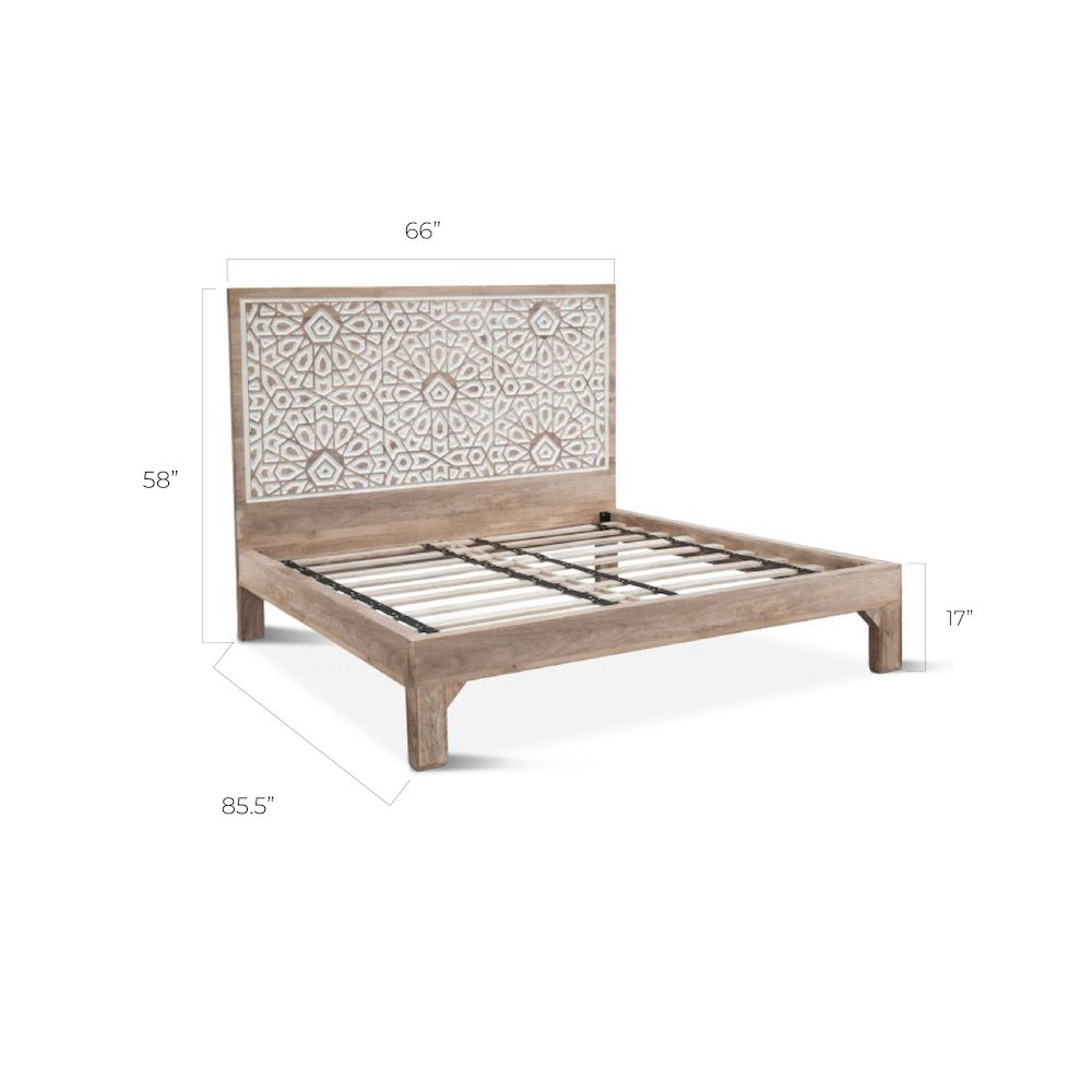 Haveli Geometric Carved Queen Bed in Natural White