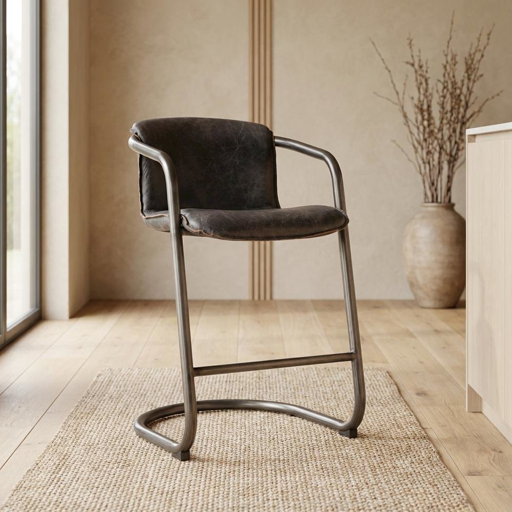 Leather Upholstered Counter Stool with Footrest,Bar Chairs, Brushed Nicel