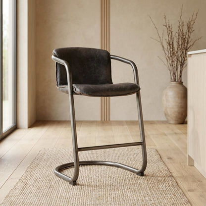 Leather Upholstered Counter Stool with Footrest,Bar Chairs, Brushed Nicel