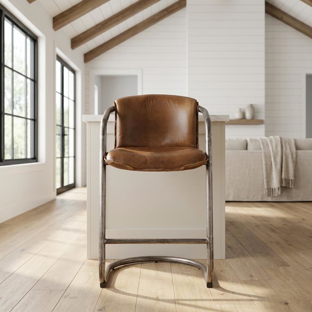 Leather Upholstered Counter Stool with Footrest, Bar Chair, Brushed Nickel