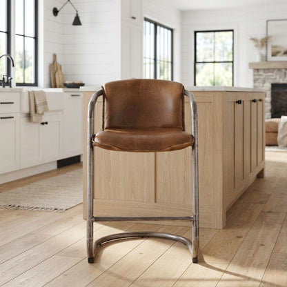 Leather Upholstered Counter Stool with Footrest, Bar Chair, Brushed Nickel
