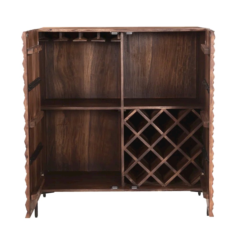 Sheesham Wood Bar Cabinet with Carved Detail and Open Shelves, Brown