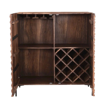 Sheesham Wood Bar Cabinet with Carved Detail and Open Shelves, Brown