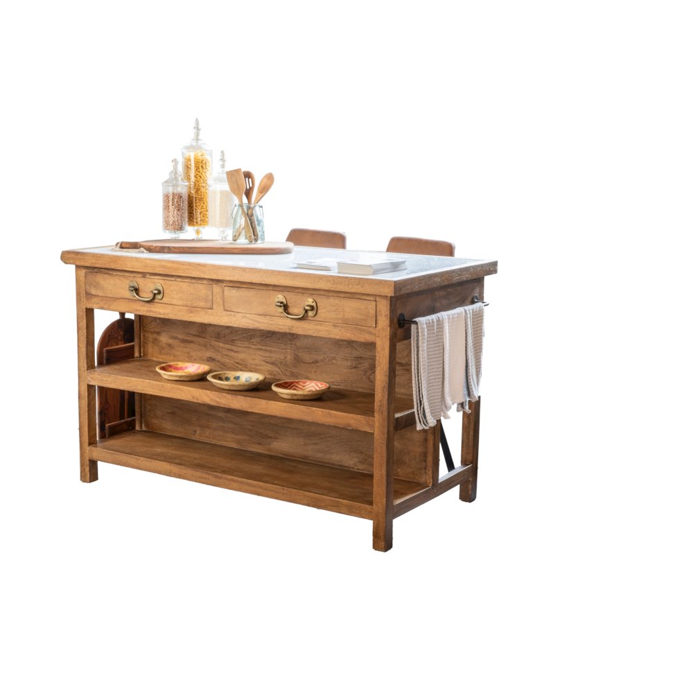 Delmar 58" Kitchen Island Table with White Marble Top and Natural Mango Base