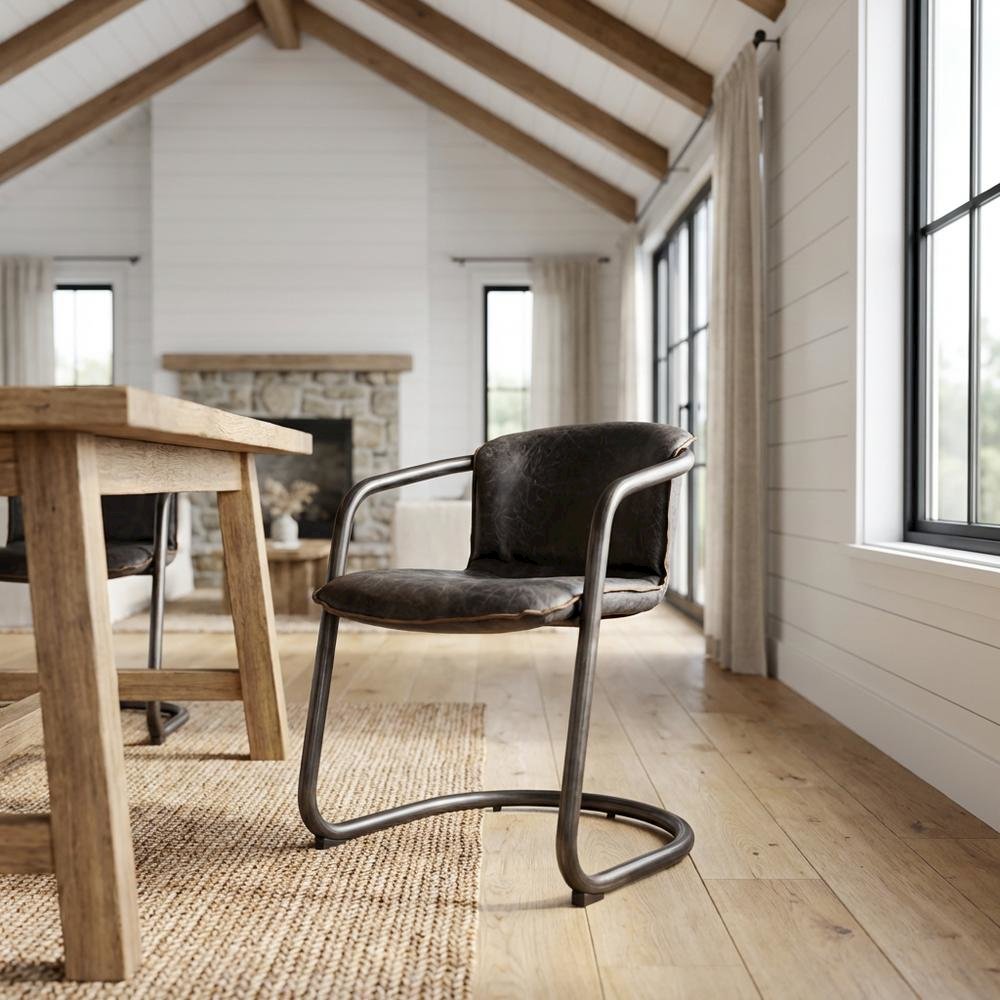 Leather Upholstered Dining Chair, Distressed Accent Chair for Dining Room,Black