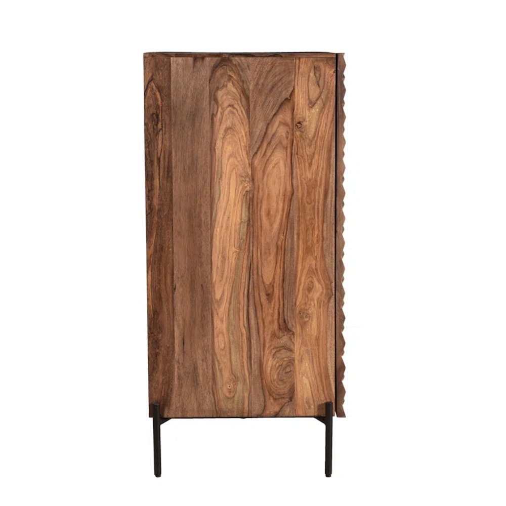 Sheesham Wood Bar Cabinet with Carved Detail and Open Shelves, Brown