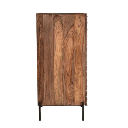 Sheesham Wood Bar Cabinet with Carved Detail and Open Shelves, Brown