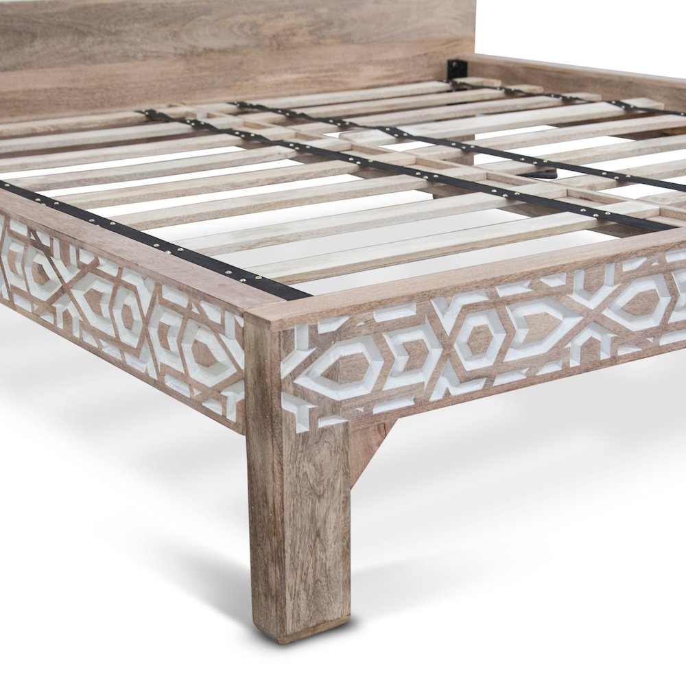 Haveli Geometric Carved King Bed in Natural White